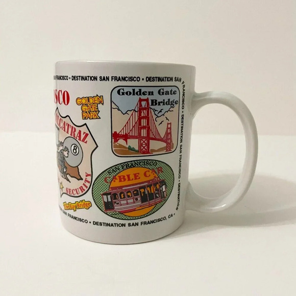 Vtg Destination San Francisco Mug Illustrations  Golden Gate Bridge Cable Car - Picture 2 of 13
